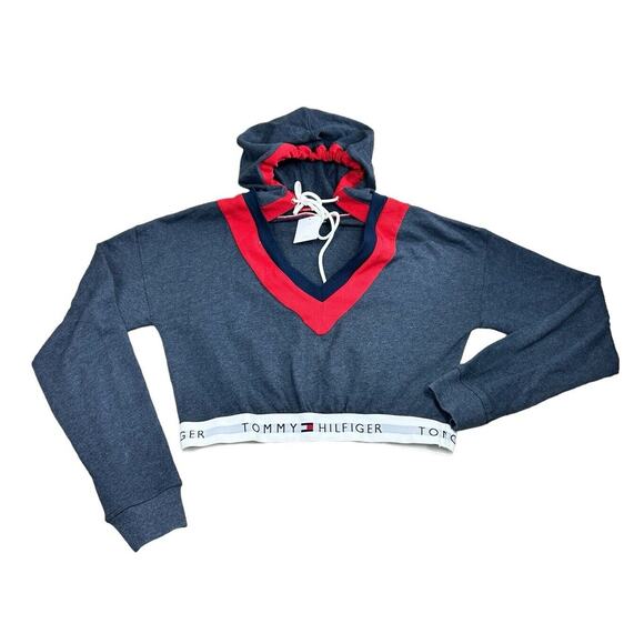 Womens Tommy Hilfiger Retro Cropped Lounge Hoodie Sz Small Sweatshirt V-Neck NEW - Picture 5 of 11